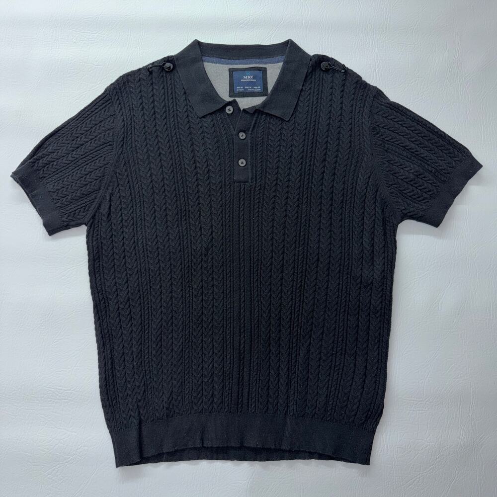 MBX Premium Goods Cable Knit Polo Shirt Mens Medium Black Short Sleeve Sweater